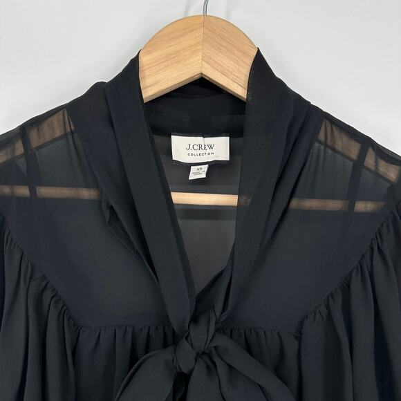 J. Crew 100% Silk Tie-Neck Chiffon Top Ruffle Semi-Sheer Long Sleeve Blouse - Picture 8 of 16